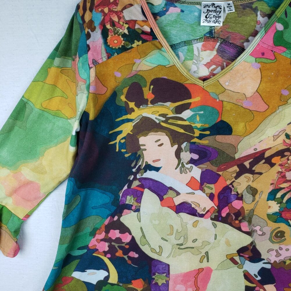 Parsley & Sage Tunic Top Art-to-Wear Colorful Print Abstract Geisha Boho size M - Picture 4 of 8